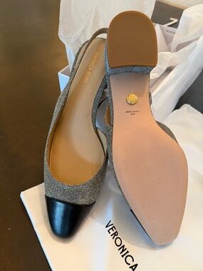 Veronica Beard Gray Fabric Slingback Flats with Black Cap Toe